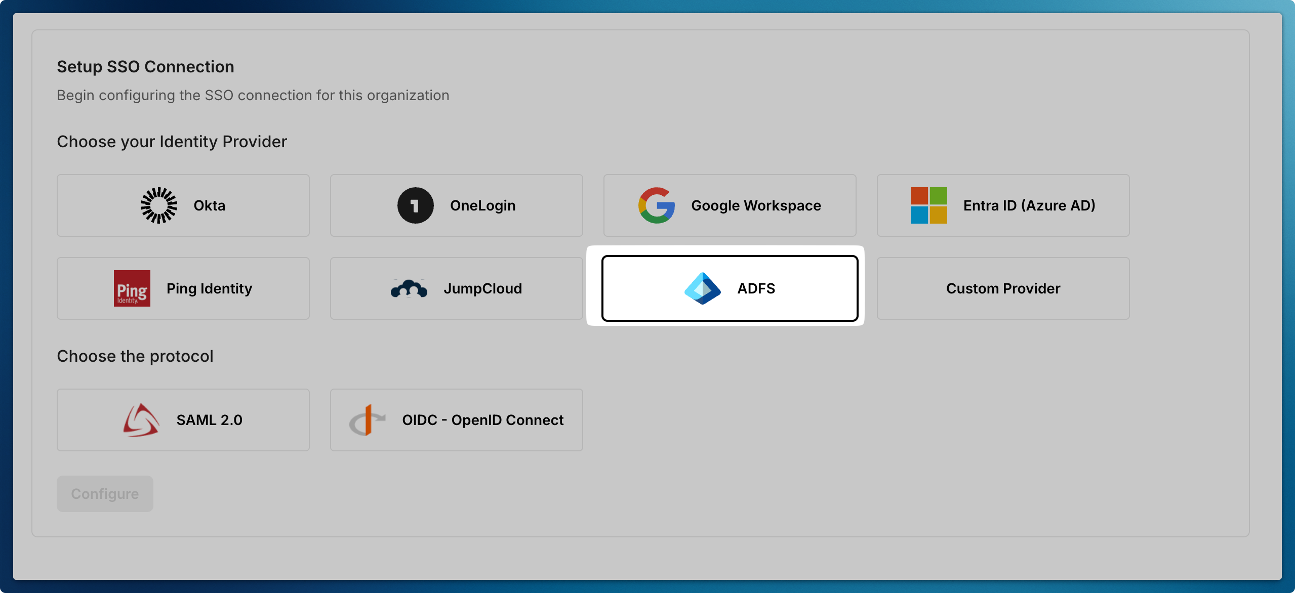 Setup SSO Connection dialog with ADFS selected as the identity provider