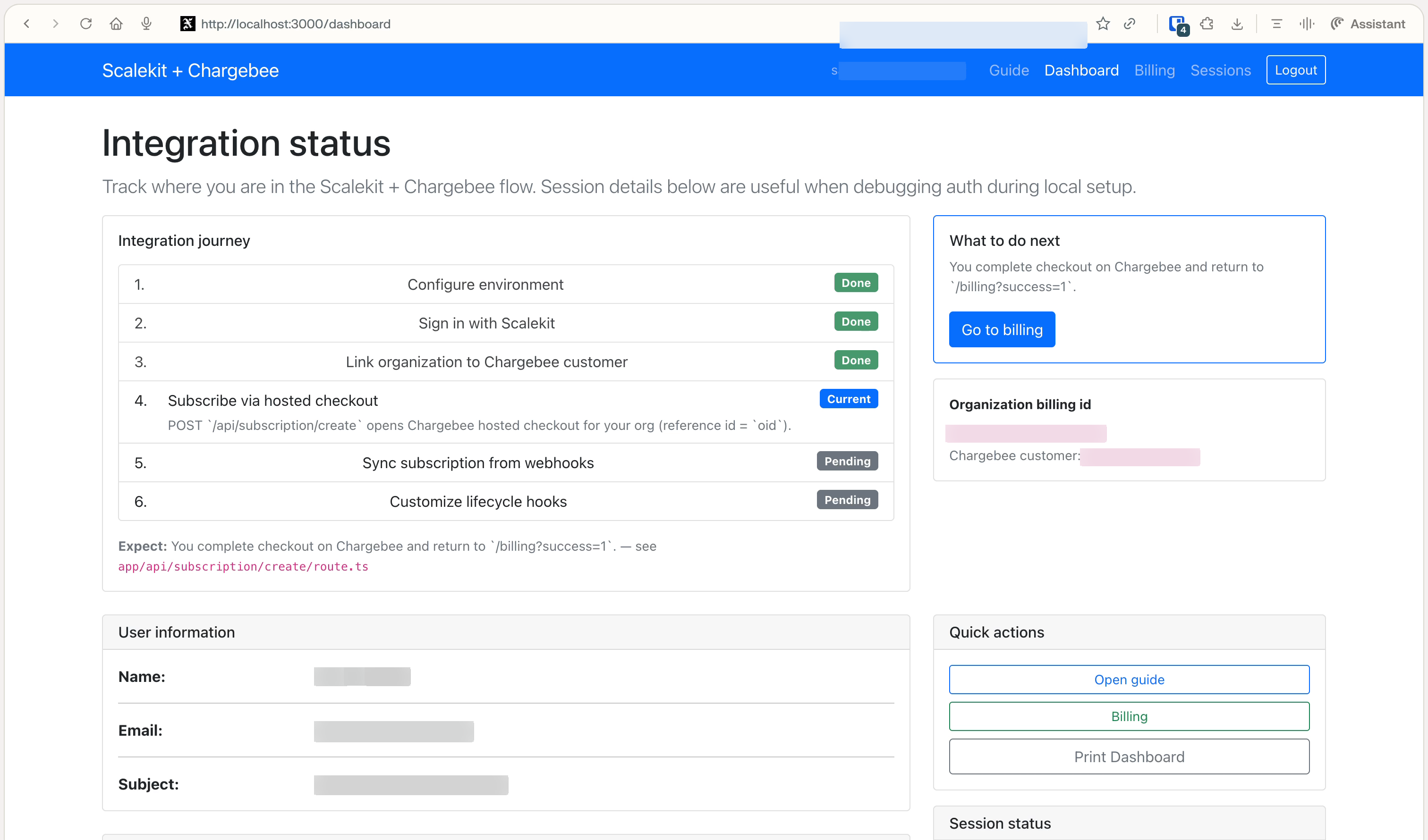 Dashboard after sign-in: organization linked to Chargebee customer, subscribe step current