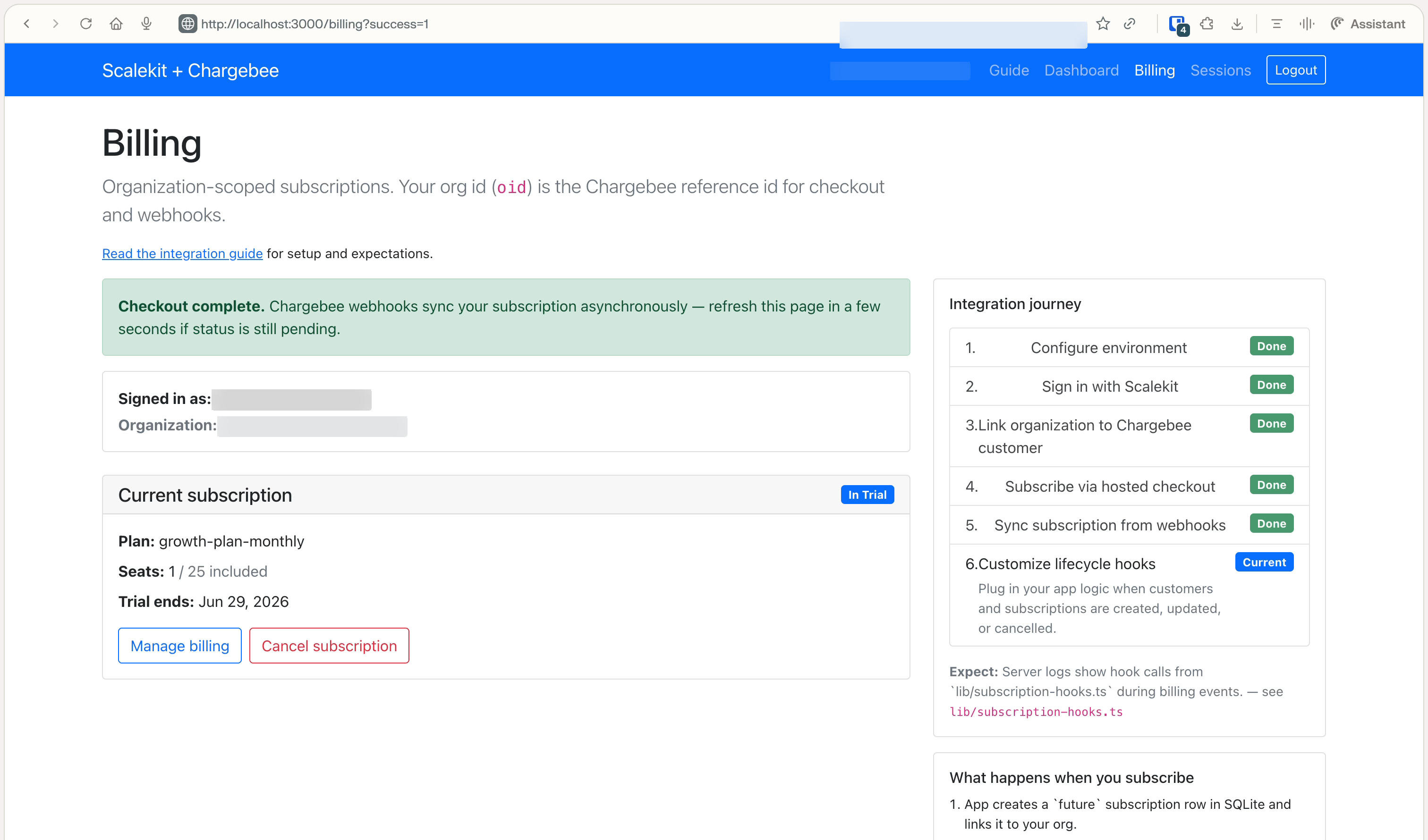 Billing after checkout: In Trial subscription and integration journey complete through webhook sync