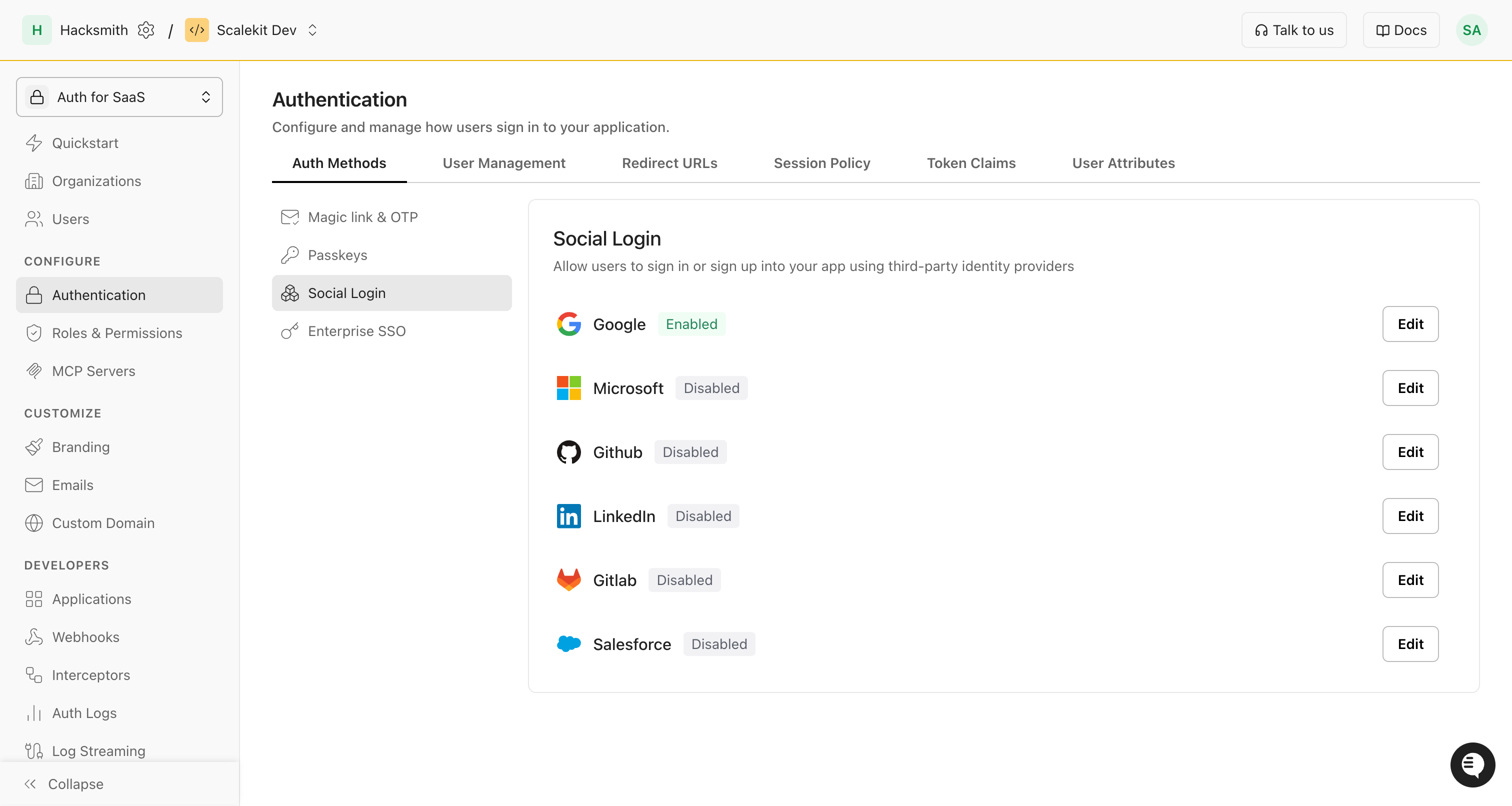 Scalekit dashboard showcasing social login setup with various platform integration
options.