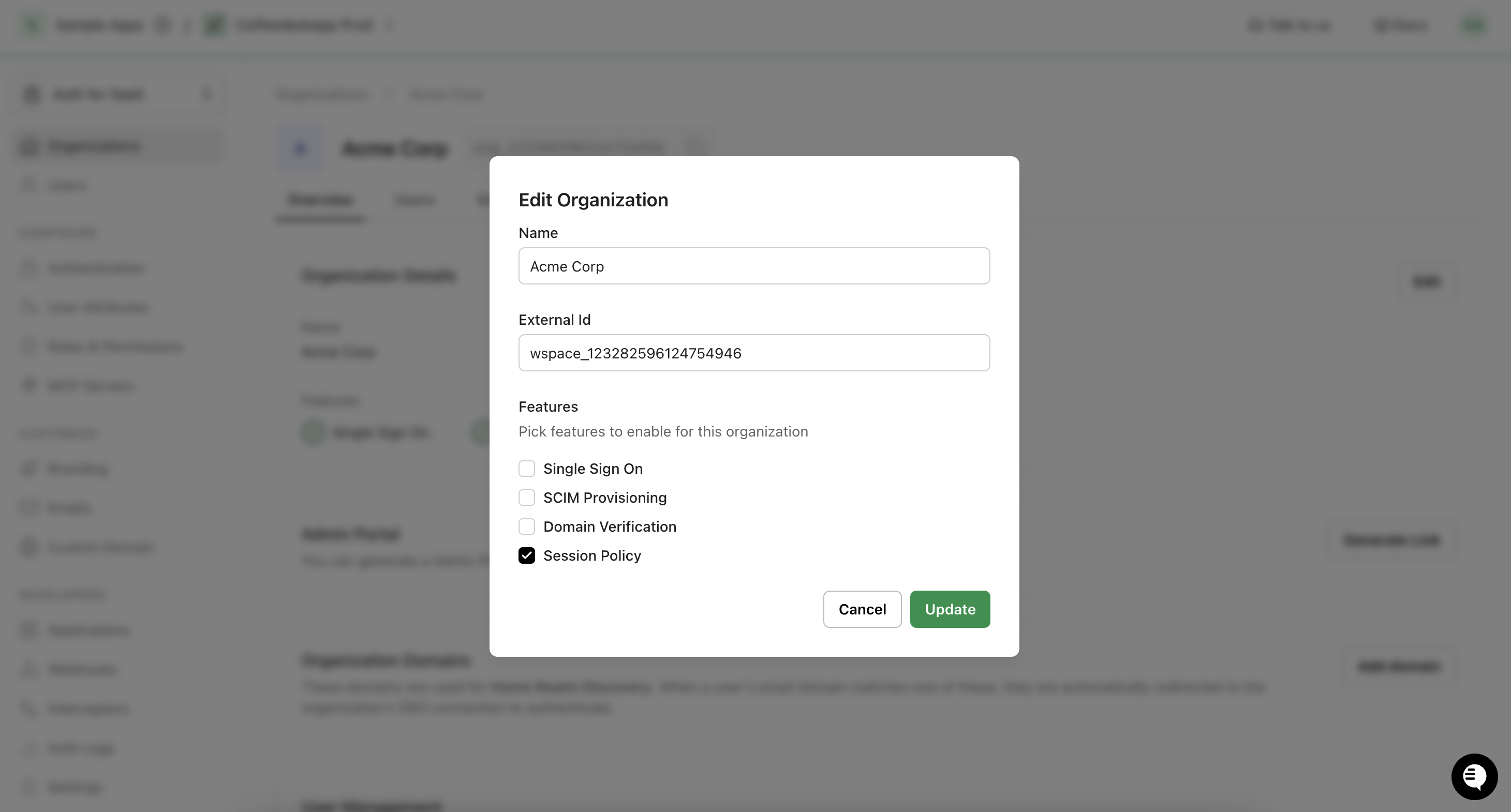 Enable session policy feature for organization.