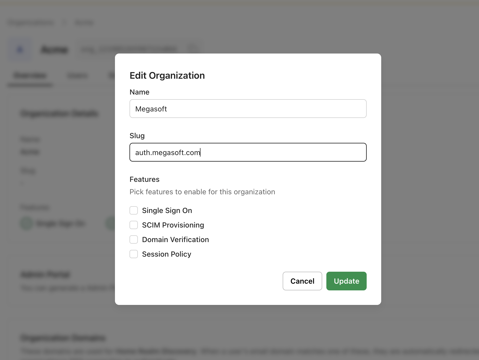 Create Organization dialog showing the Slug field