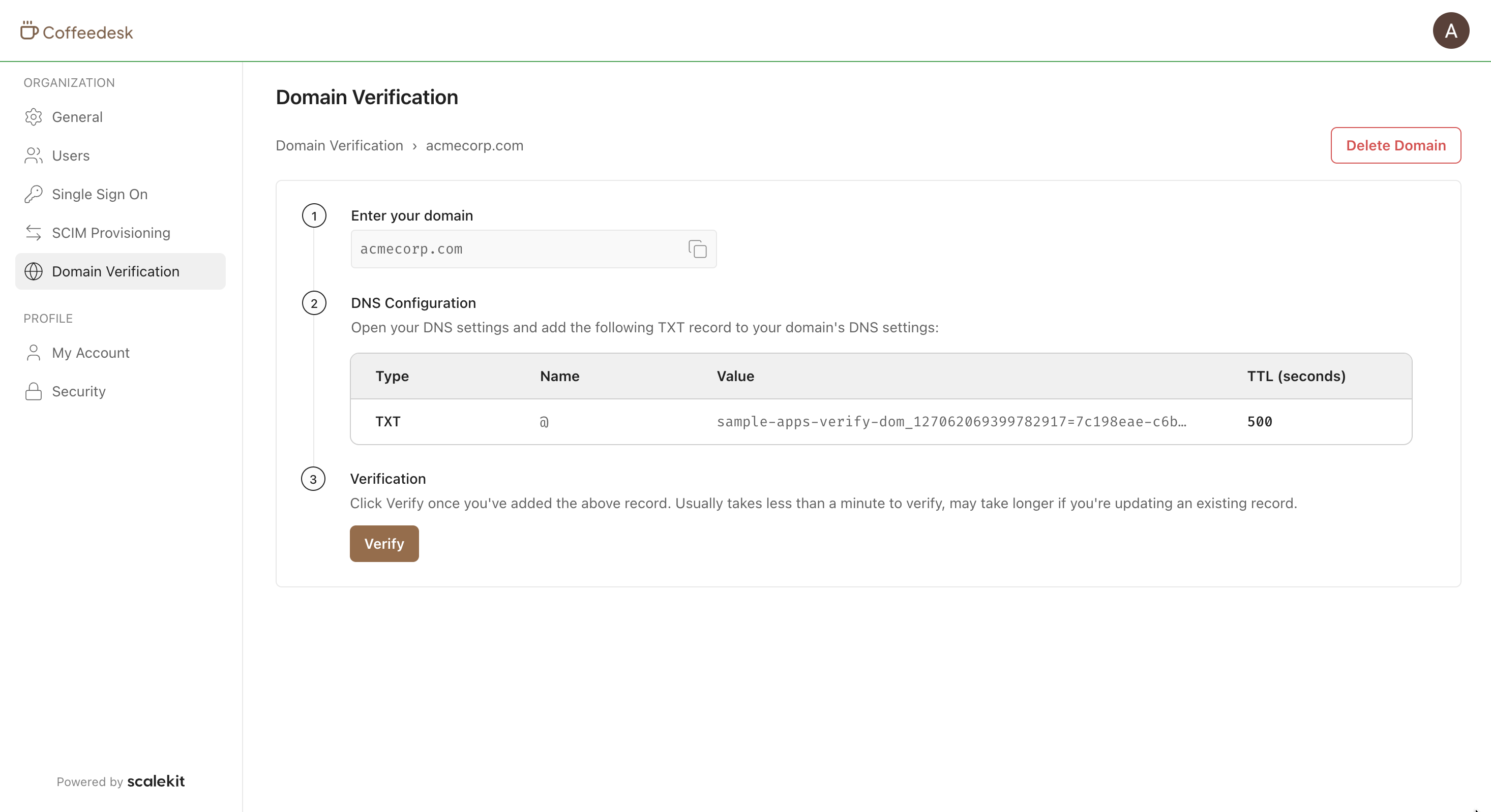 Domain verification via Hosted UI widgets
