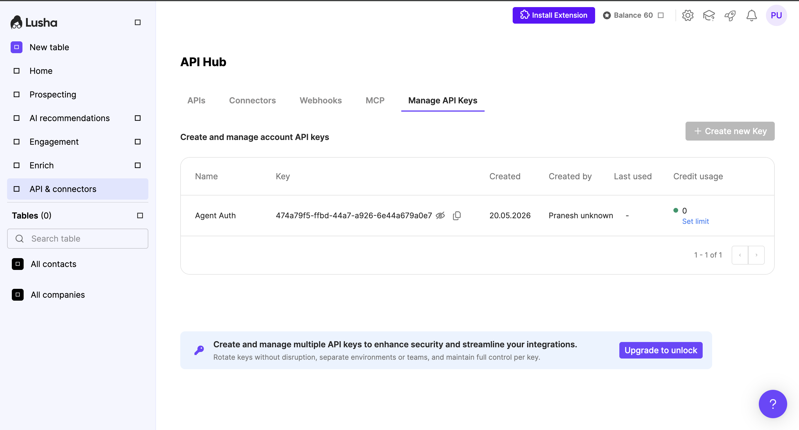 Lusha API Hub showing the Manage API Keys tab with an existing key and a Create new Key button