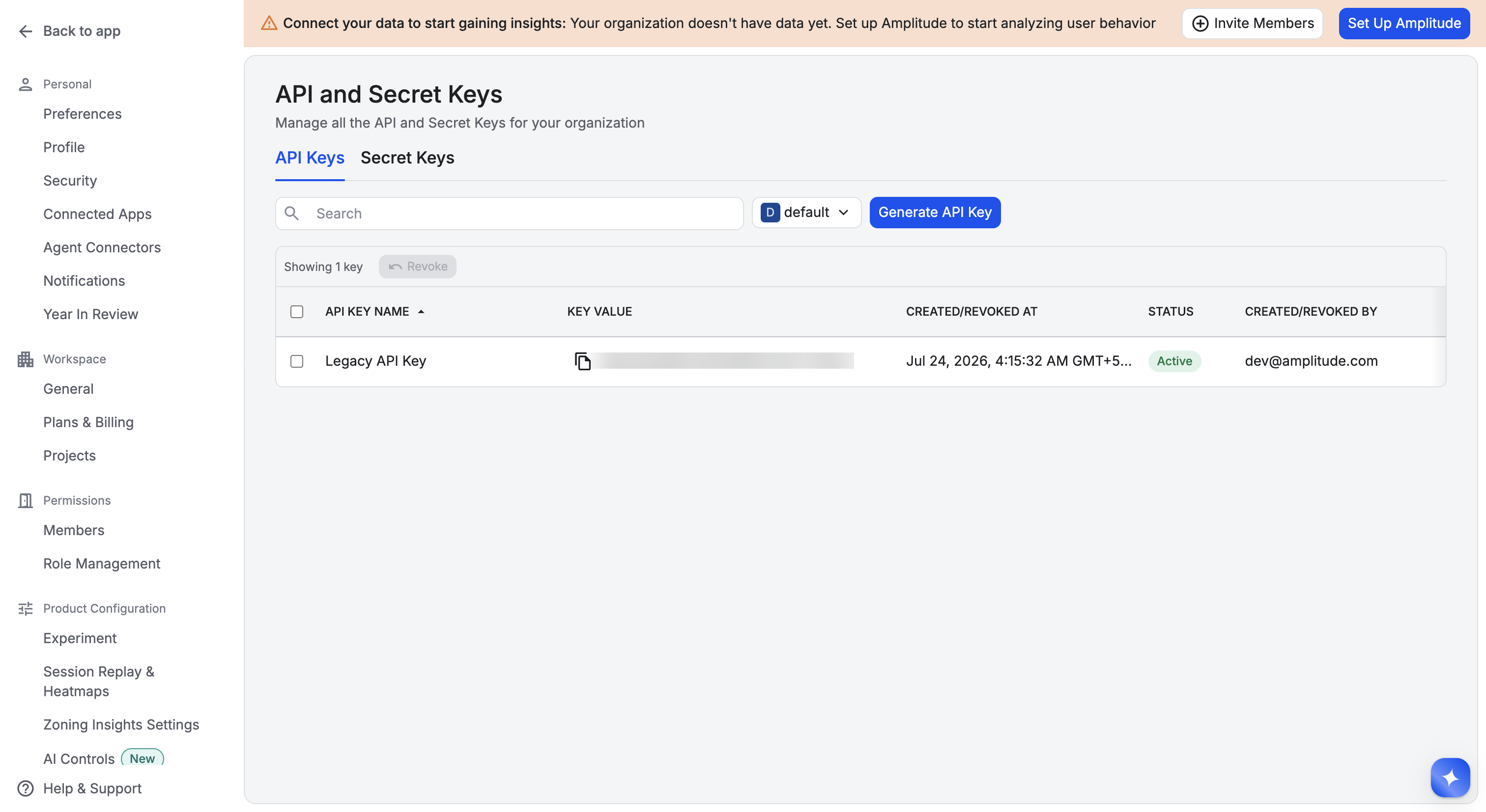 Amplitude API and Secret Keys page showing the API Keys tab with a generated key