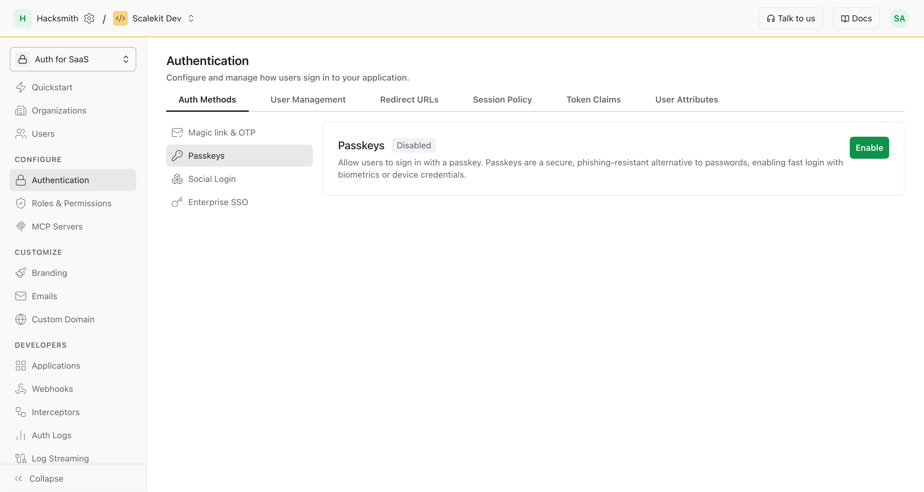 Enable passkeys button in Scalekit settings