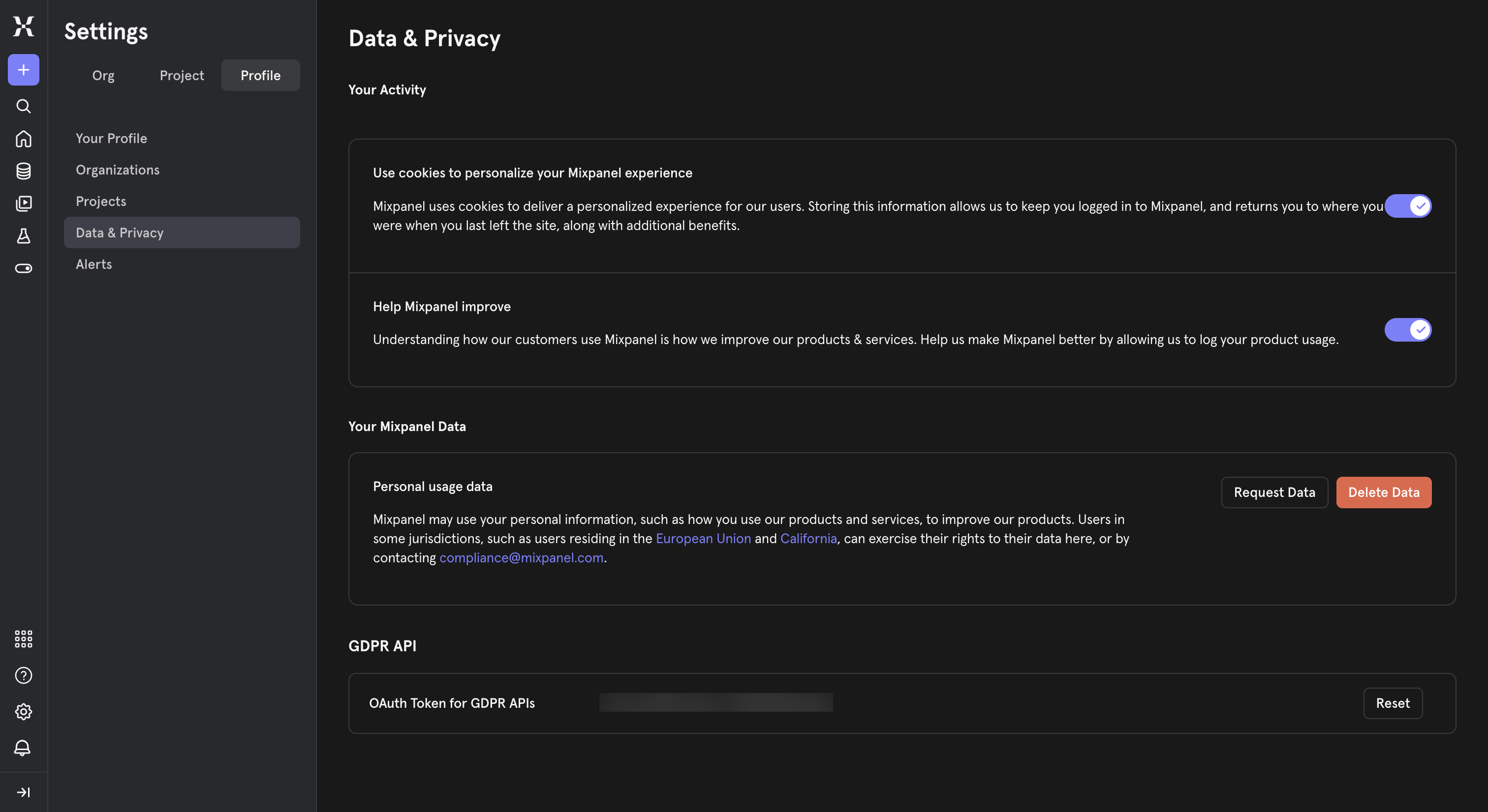 Mixpanel Data & Privacy settings page showing the GDPR API OAuth Token field