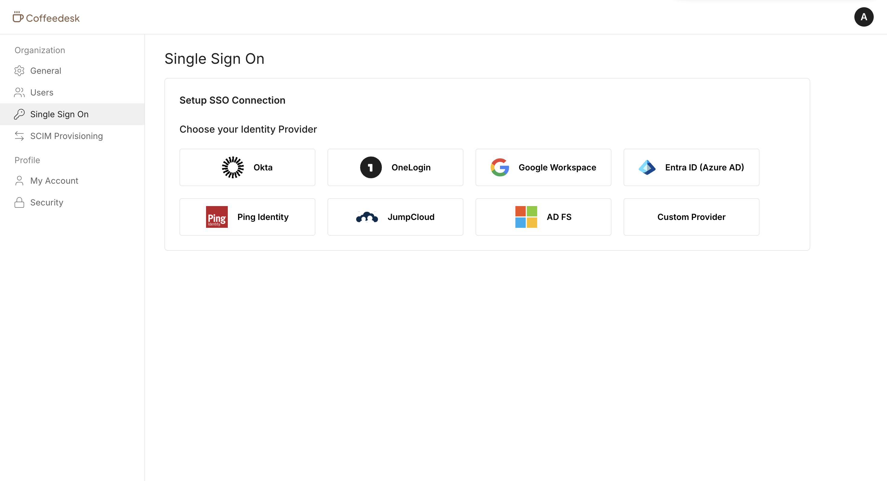 Single Sign-On widget prompting the user to choose an identity provider such as Okta, OneLogin, Google Workspace, or Entra ID
