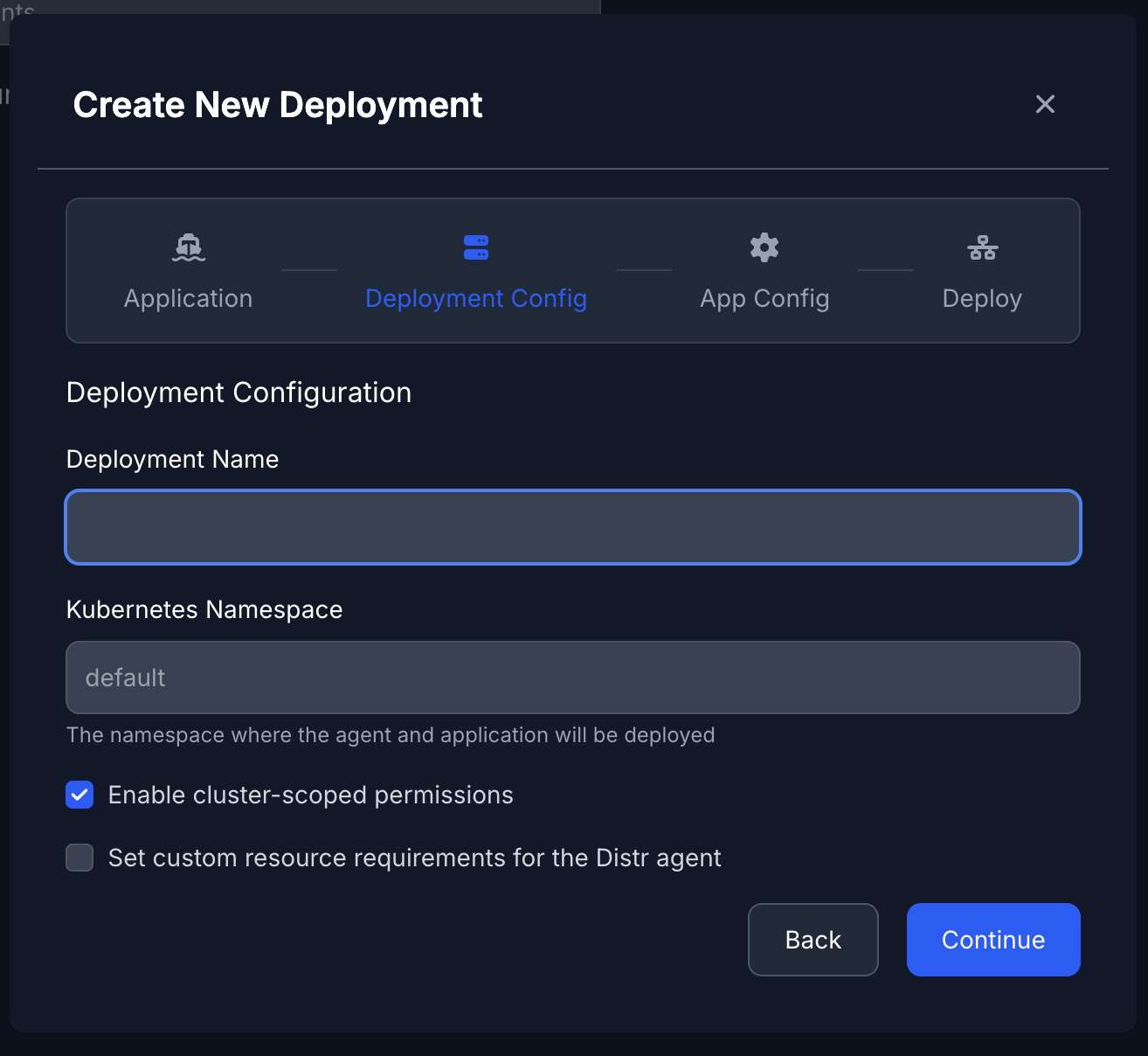 Deployment Configuration form