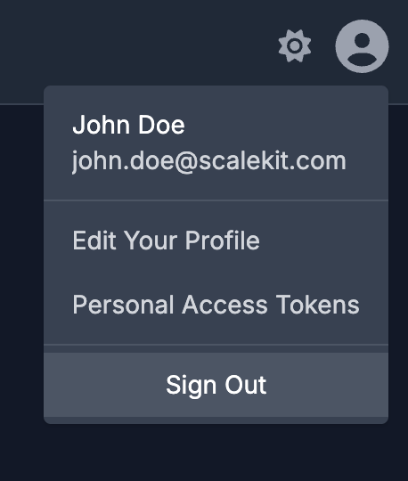 Profile dropdown menu with Personal Access Tokens option