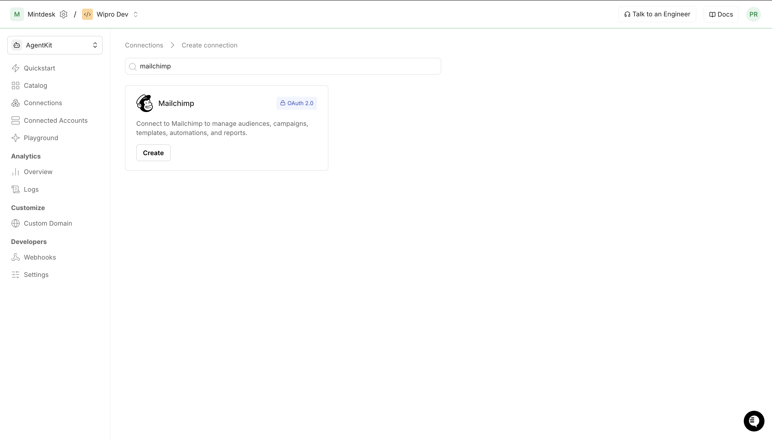 Mailchimp connector shown in Scalekit's Create Connection search